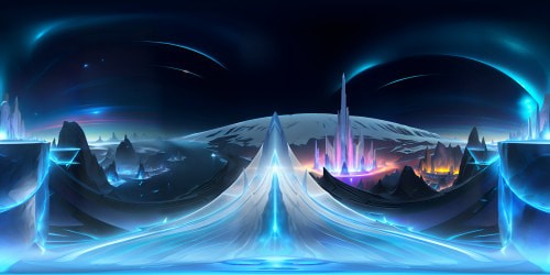 Superman's Fortress of Solitude, crystal formations, luminous ice walls, intricate geometrical patterns. VR360 view, stark, alien beauty, austere grandeur. Muted reflections in ice, soaring archways, translucent shafts piercing the sky. Style: Comic book realism, vivid hues, ultra-high resolution. Perfect for a VR360 masterpiece.