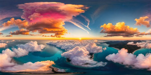 A panoramic seascape of flawless beauty with cotton candy pink clouds blending into the horizon, crystal clear azure waters and delicate shimmering reflections at dusk, an ultra-high resolution masterpiece capturing the essence of tranquility and wonder.