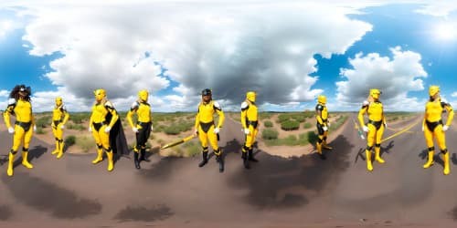 five african american women wearing leotards and thigh high boots. two of the women have dreadlocks. one woman is carrying a yellow hammer like thor.they are superheroes.