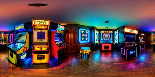 A flawlessly detailed arcade room bathed in neon lights, showcasing a pristine Pacman arcade machine amidst rows of vintage cabinets, reflecting on sleek dark floors, flooded by a riot of vibrant pixelated colors, a mesmerizing masterpiece in ultra high resolution.