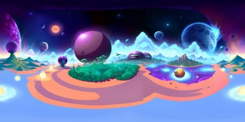 Ultra high-resolution VR360 masterpiece. Alien planets, Rick and Morty style. Extraterrestrial landscapes, bizarre flora, interstellar skies in VR360. Visually striking, surreal, cartoon-style.