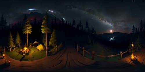 Immaculate VR360, night camping scene, embers flickering against towering redwoods, ultra-high-resolution. Surreal art-style campfire, under star-freckled sky. Crisp, nocturnal VR360: dense underbrush, hidden forest depths. Masterpiece caliber.