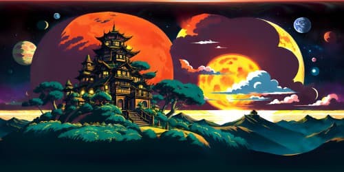 Dragon Ball-inspired, vivid color usage, manga art. VR360 encompassing view of Goku's Kame House, picturesque ocean backdrop, Roshi's island, orange sunset hue. Preeminent, ultra high-res, inking detail, signature anime styling. Scattered Nimbus clouds, hovering Shenron silhouette, VR360 extraterrestrial starry night sky.