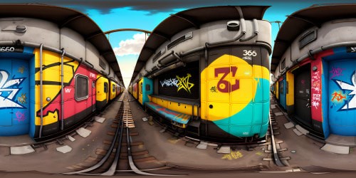 VR360: Graffiti drenched, vibrant train, rusted edges, flip-style tags, colossal murals. Trackside, weed-infested, industrial backdrop, urban decay. Masterpiece graffiti style, bold lines, ultra high-res textures, heavy contrast, raw, dynamic colors. Photorealism meeting street art, VR360 graffiti immersion.