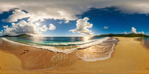 A flawless, high-resolution depiction of Nami Nue reclining on a stunning beach, golden sand glimmering under the intense sun, azure waves gently lapping the shore, a picturesque scene captured in exquisite detail.