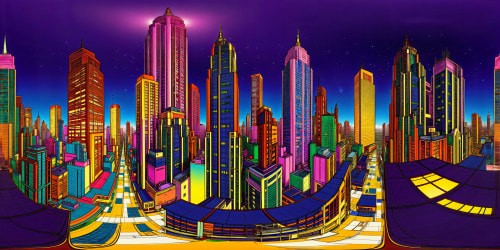 In a highly detailed digital realm, a futuristic cityscape of neon-lit skyscrapers and bustling streets is brought to life in vivid colors under a starlit indigo sky, blending traditional Japanese architecture with a cyberpunk aesthetic.