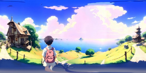 VR360 scene:  euphoria of pastel skies, cotton candy clouds, soft hues of twilight, enchanting blue hair strands flowing in the breeze, ethereal light casting opalescent sheen. Style: masterful animation, ultra-high resolution, kawaii-inspired aesthetics, VR360 panoramic view.