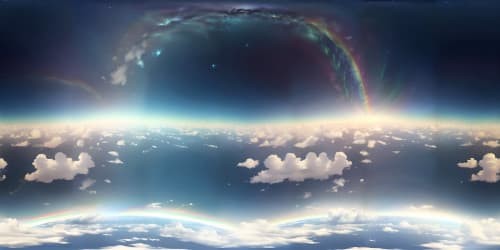 Masterpiece quality VR360, ultra-high-resolution VR360, celestial rainbow arching across the sky, cloud structures shimmering, iridescent light