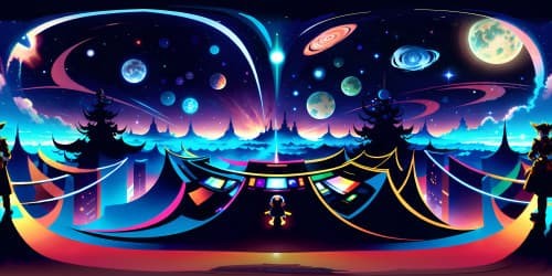 Surreal art, masterpiece, VR360 kaleidoscopic sky. Ultra high-res tapestry of shifting patterns, interweaving celestial bodies. Glistening constellations, mesmerizing nebular swirls, ethereal cosmic haze.