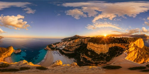 Sun-kissed Mediterranean coastline at golden hour, flawless sandy shores kissed by crystal-clear waters, a picturesque coastal village embraced by towering cliffs under a sky painted with hues of tangerine and lilac, all meticulously captured in a stunning masterpiece of ultra-high resolution perfection.