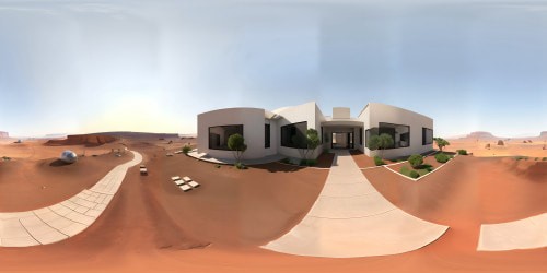 Hyper-realistic Mars surface, VR360 view, futuristic house in near distance. Modern front yard design, advanced architecture, Martian landscape. Ultra-high resolution, masterpiece quality, digital painting style. VR360 focus on expansive Martian sky, minimalistic yet advanced house design.