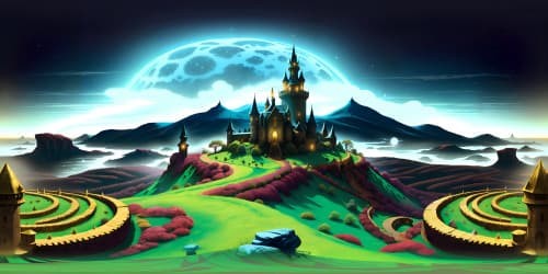 Majestic castle, ultra high resolution, intricate stonework, towering spires. VR360 scene, opulence, grandeur. Masterpiece art style, blend of realism and fantasy, medieval aesthetic. Moonlight silhouette, VR360 view, celestial backdrop.