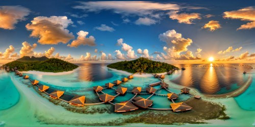 A luxurious Maldives resort bathed in golden sunlight, immaculate white sandy beaches, and crystal-clear turquoise waters mirroring vivid coral reefs, showcasing overwater bungalows poised on stilts beneath a flawless azure sky—an ultra high-res masterpiece encapsulating a paradisal dream.