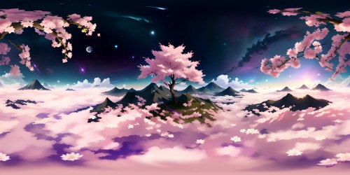 Masterpiece VR360 scene, ultra high res, misty mountains backdrop, cherry blossom trees foreground. Anime style, exaggerated colors, soft glow, sharp linework, dreamlike aura. Fantasy city skyline silhouette, twinkling stars, vast cosmic expanse. VR360 panorama, expansive depth.