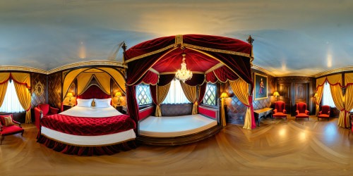 Inside a lavishly adorned medieval castle bedroom, luxurious velvet drapes hang, the grand canopy bed sits draped in regal fabrics, gleaming chandeliers casting warm light on ornate furniture and golden accents, creating a sumptuous, flawless scene in ultra-high resolution.