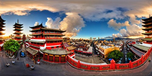 Imposing, vibrant Chinatown district with ornate pagoda roofs, bustling markets, lantern-lit streets, intricate decorations, and a seamless blending of ancient traditions and modern urban flair in flawless 8K detail.