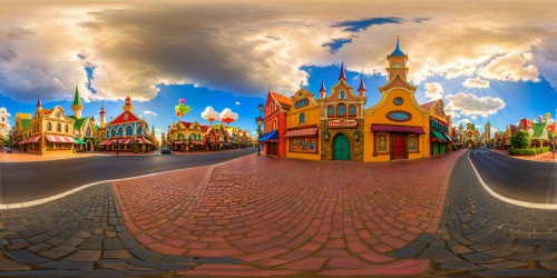 A whimsical ToonTown masterpiece, with oversized city buildings and towering cartoon skyscrapers beneath a pristine sky adorned with swirling cartoon clouds, showcasing cobblestone streets and vibrant signs flickering with light in ultra high resolution.