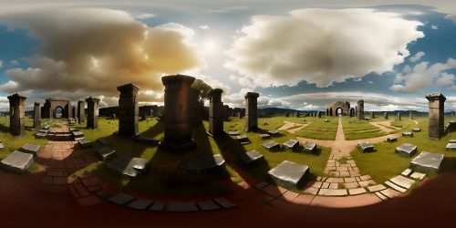 VR360 grandeur of an ancient battlefield, ultra high-res depiction. Ruined stone pillars, fallen warriors, sprawling dust particles, a masterpiece. Broken shields, discarded weapons. VR360 view of eerie battle aftermath. Surreal art style, dramatic shadows, subtle sandy hues. Detailed, high contrast, haunting beauty.