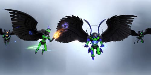 three black female angels with wings flying into battle. one has a flaming sword. one is carrying a staff with blue energy