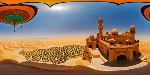 A captivating view of Aladdin's desert palace oasis, gleaming golden towers adorned with intricate carvings, bustling vibrant spice market amidst vast sand dunes under the intense sun, radiating vibrant colors, and a magical atmosphere; a flawless ultra HD masterpiece embodying true artistic brilliance. Surrounded by beautiful naked women