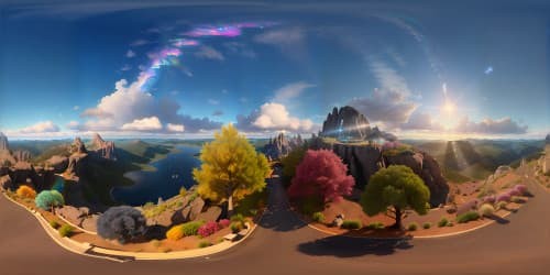 Monumental mountain peaks, clear azure lake, VR360 panorama. Puffy cumulus clouds, golden sunbeam rays, transitioning twilight ambience. Tranquil, ultra high-res masterpiece. Pastel color palette, impressionist style. Soft paintbrush strokes, high detail texture depth, VR360 perspective.