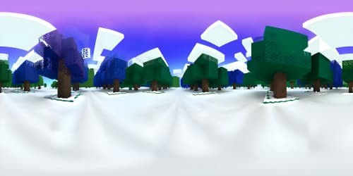 Ultra high-resolution VR360, Minecraft-inspired winter forest biome, pixel-art aesthetic. Extensive array of cubic, snow-draped trees, infinite network of 3D blocks. VR360 viewpoint from unobtrusive platform.