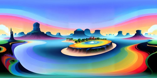 Ultra-high resolution, masterpiece artistry, superior quality. VR360 landscape featuring Fred, abstract avatar, digitally painted, smooth gradient texture, minimalistic aesthetic. Striking VR360 sky, swirling array of colors, delicate pastels.