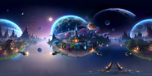 Ultra high-res VR360 perspective, masterpiece of scenic designing, otherworldly charm of a new planet. Alien flora proliferation, kaleidoscopic skies, celestial bodies glowing. Pixar-style, vivid colors, fantastical elements, detailed textures creating immersive VR360 ambiance.