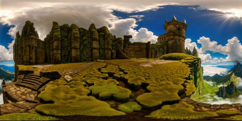 Exploring Sega's Panzer Dragoon, behold the rugged alien world with ancient ruins camouflaged in vibrant moss, colossal azure skies, and ethereal floating fortresses ascending through billowing celestial vapors, depicted in ultra-high resolution with impeccable detail - a true visual masterpiece.