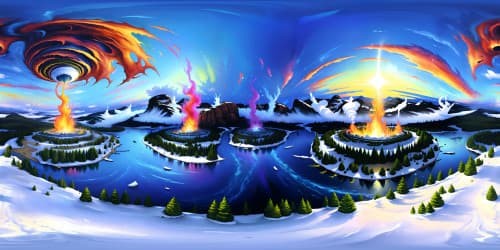 VR360 ultra-high res, masterpiece contrast of snow-white landscapes, fiery infernos clash. VR360 icy formations, blazing eruptions merge, detailed beyond compare. Striking immersion, quality supreme.