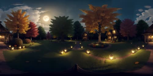 halloween town autumn leaves fall harvest colored lights at night full moon