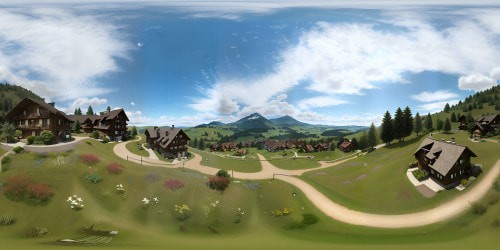 Swiss Alps peaks, towering in the VR360 panorama view. Undulating meadows, vibrant color palette, vast expanses of pristine serenity. Serene lakes, reflecting Pixar-style sky, ultra-high-res VR360. Quaint chalets, nestled among alpine flora, a maestro's touch. High contrast, a visual feast, a Swiss landscape in VR360. Detail-rich, a masterpiece rendered in VR360, Pixar-style, a