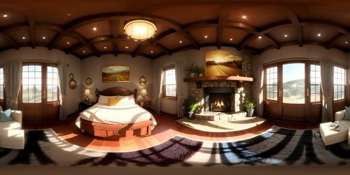 Ultra high-resolution VR360 view, masterpiece-quality, cozy room lined with timber, centrally placed roaring fireplace. Plush rugs, richly colored tapestries, antique furniture. Warm, inviting ambience, soft glow of flickering flames. Pixar-style rendering, emphasis on texture, depth, VR360 immersion.