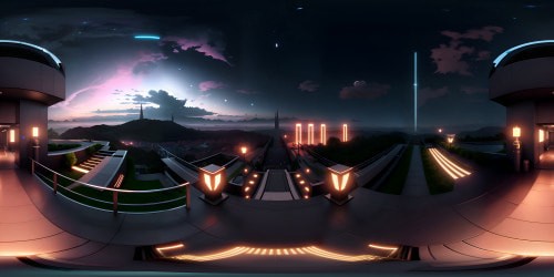 VR360 view, distant city nestled in hills, nightfall, striking skyline illuminated. Artistic masterpiece style, ultra-high resolution quality. Opulent city lights in rich contrast, moonlit hills, enchanting starlit VR360 panorama. Superb, polished, meticulous detailing.