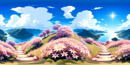 Ultra high-resolution VR360, pastel color palette, Pixar-style cuteness. A grand, expansive world: glimmering skies, fluffy clouds, trio of adorable characters, delicate floral motifs. High-quality VR360 masterpiece, intricate detailing.