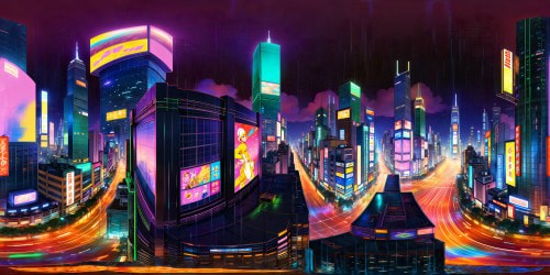 A futuristic sprawling cityscape with neon lights, towering skyscrapers, bustling hovercars, holographic billboards, gleaming chrome accents, reflecting in the rain-soaked streets at night, 16K resolution, cyberpunk aesthetic, dazzling neon rain.