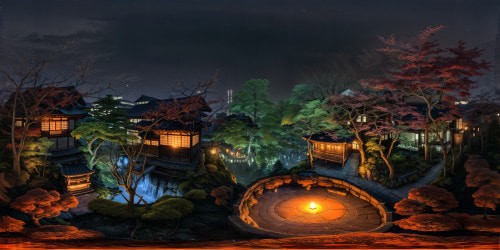 Expansively panoramic Edo period Japenese garden at night, with cozy warm toned glowy lighting. Emaculately detailed landscaping. Deep warm toned color palette, with deep reds, magentas,browns, deep orange-yellow tones. Warm feverish aesthetic.