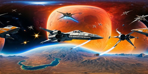 An iconic battle scene on a stunning planet in the Star Wars universe, featuring soaring starships engaged in a fierce dogfight over the picturesque landscape of Pedraza, with intricate starfighter details, vibrant alien flora, and multiple moons casting dramatic shadows under a celestial sky.