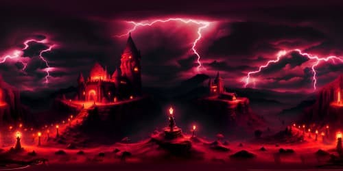 TV drama Stranger Things styled Gothic CREEPY Castles SURROUNDED BY skinny vocalnic stones. dark red background. Lightnings in the sky