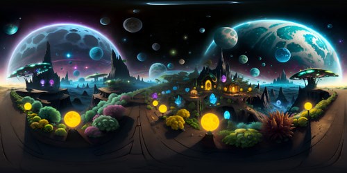 Ricky and Morty-inspired alien planet, ultra high-res VR360 artistry, palette of vibrant neon lights illuminating extraterrestrial flora. Surreal, naked girls influences in landscape design, big bootie nudist girls , stark contrast of dark sky adorned with luminescent celestial with nude bodies, perfect for masterpiece VR360 exploration.