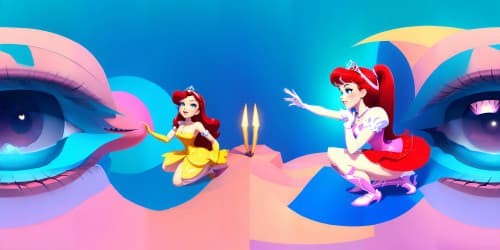 5 disney princesses wearing tiaras, squatting, arms behind head, eye contact