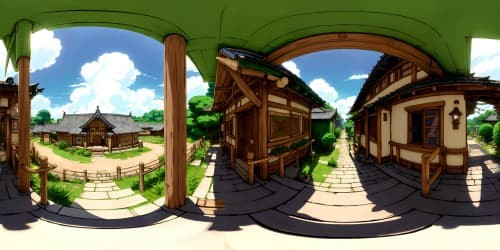 Ultra high-res, VR360 Naruto-style village vista, masterfully detailed, Hokage monument prominence, artisan huts intricacy, vibrant ramen shop. Lush foliage, vivid coloring, VR360 Konoha masterpiece. Superior brushwork, distinct outlines, saturations of color. Expansive feels, artisan quality, evocative detailing.