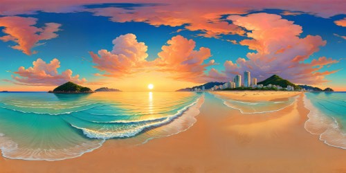 Sunset over the flawless Busan beach, golden sands reflecting the pastel hues of a dreamy sky, crystal clear azure waters meeting the horizon, dynamic clouds in ultra high resolution, creating a mesmerizing masterpiece of seaside beauty.