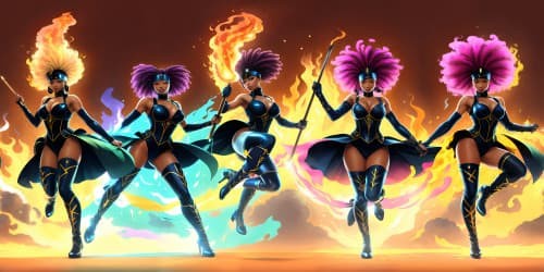 four african american women wearing black and blue leotards with thigh high boots. one woman has dreadlocks. two women are carrying flaming spears.