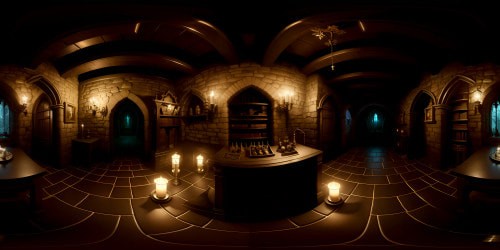 Ultra-high resolution, VR360, stone dungeon library, castle walls in dark fantasy style. Antiquated decor, surreal art. Grim grittiness, ethereal torch lighting. Ambiance of engaging gloom, masterpiece quality, VR360. Spooky fineries, surrealistic gloom, vintage beauty.