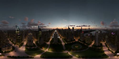 Ultra high res VR360 view, mesmerizing night scene, New York City skyline masterpiece, Central Park, Riverside, illuminated structures, twinkling city lights. Diverse skyscraper design, Central Park's lush greenery in moonlight, calm riverside vista. VR360, Pixar-style animation, detailed, refined strokes.