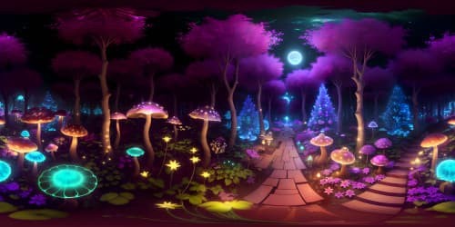 Masterpiece quality, ultra-high resolution, magical forests, vibrant colors. Scintillating fairy lights twinkling in dense foliage, whimsical, oversized mushrooms, glistening dew on oversized fauna. VR360 view of glowing moon casting ethereal shadows, pixie dust glimmers in the air. Subtle tonal transitions, delicate, intricacies in light and shade. VR360 wonderland, art nouveau style, high saturation, ornate