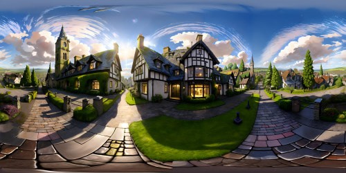 Ultra-HD VR360 panorama, Darwen town Victorian elegance. Shimmering slate rooftops, tall historic chimneys, moss-encrusted cobblestones under dusk's glow. Digital realism meets pastel mastery, gaslit streets reflecting soft light. Emphasized subtleties, metallic sheen of sunset on moss. Masterpiece fusion of realism, artful touch in VR360 romance panorama.