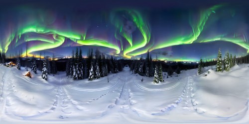 VR360 masterpiece ultra high-res. ultrarealistic nighttime snow dusted mountain top overlook.  forest valley panorama. dark and clear night sky with northern lights. remote wilderness. late night hour