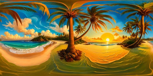 A flawless, ultra-high-resolution portrayal of a small tropical island adorned with majestic, swirling Van Gogh-inspired palm trees, with vibrant golden sunlight filtering through textured brushstrokes, creating a perfect blend of meticulous detail and artistic brilliance.